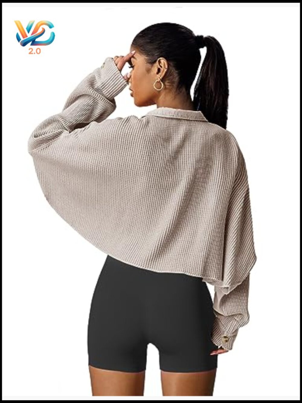Cropped Button Down Waffle Knit Shacket Batwing Sleeve Jacket with Pockets - Picture 5 of 6